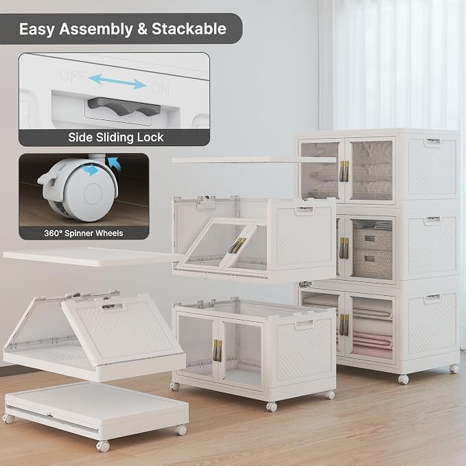 Stackable Storage Bins with Lids, 540QT Extra Large Storage Cabinet | Clear Doors, Foldable Storage Drawers, Heavy Duty, Collapsible Closet Organizers for Bedroom Office (3, White, 180, Quarts)