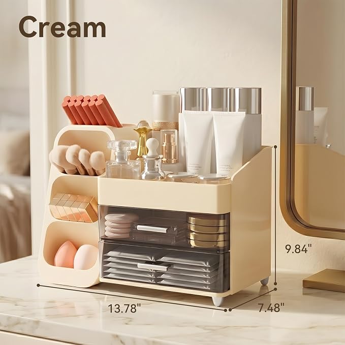 Makeup Organizer for Vanity with Brush Holder and 2 Drawers, Cream | Large-Capacity Makeup Holder Organizes Skincare, Cosmetics and Daily Beauty Products for Tidy Vanity and Bathroom Counters