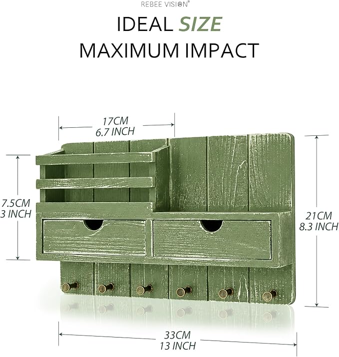 Rebee Vision Key Holder Wall Mount with 2 Drawers for Home Decor, Green | Mail Organizer for Wall, 6 Key Hooks, Drawer Organizer, Letter Storage, Plant Display, Apartment Essentials for Aesthetic