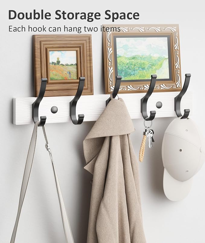Optish Coat Rack Wall Mount, 16.5 Inches Wood Coat Hooks Wall Mount, Wall Coat Rack with 5 Hooks, Hat Rack Wall Hooks for Hanging Coat, Bag, Towel (1Pack, White)