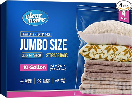 4 Count - Large Storage Bags With Zipper Top, 10 Gallon Size 24" x 24", Extra Large Plastic, For Clothes, Travel, Moving, BPA-Free, Heavy Duty 3-Mil Thick