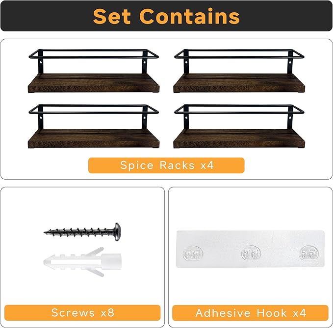4-Tier Wall Mount Spice Rack Organizer- Screw/Adhesive Mount, Black Metal & Wood Spice Storage for Kitchen Pantry Cabinet, 11.6”L x 2.4”W x 3.2”H, Spice Jars Not Included