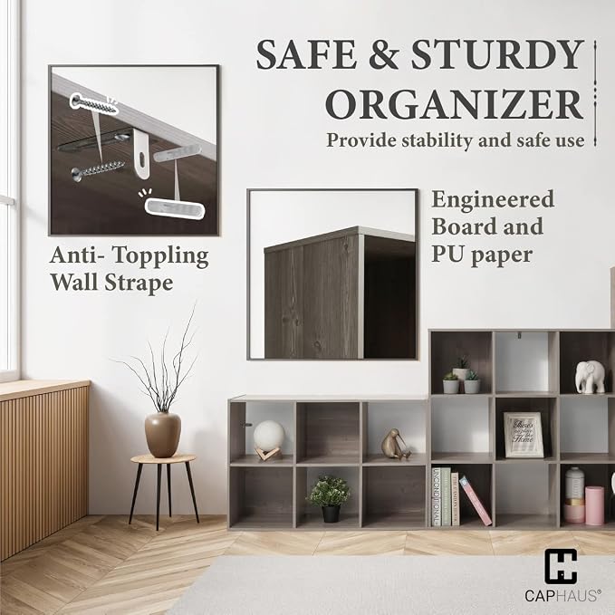 CAPHAUS Sturdy Room 11-Inch Cube Storage Organizer Shelf, with Thick Exterior Edge, Storage Shelf Divider w/Back, Bookcase, 8-Cube, Rustic Grey Oak