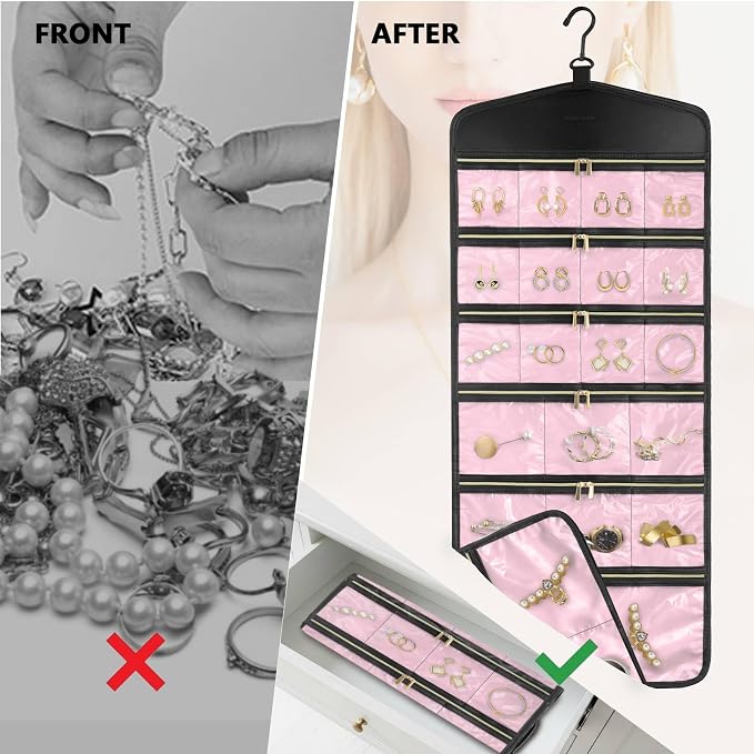 CHICECO Hanging Jewelry Organizer With Zippered Pockets,40 Pockets Travel Jewelry Organizer Storage for Cloest,Wall,Door (Pink)