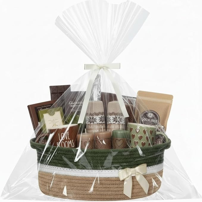 Colingmill 1 Set Woven Empty Basket for Gift,Green Khaki | with Cellophane Wrap Set, 14 x 10 x 5.5 Inch, Medium Decorative Gift Basket, Cotton Rope Storage Box, Home Decor
