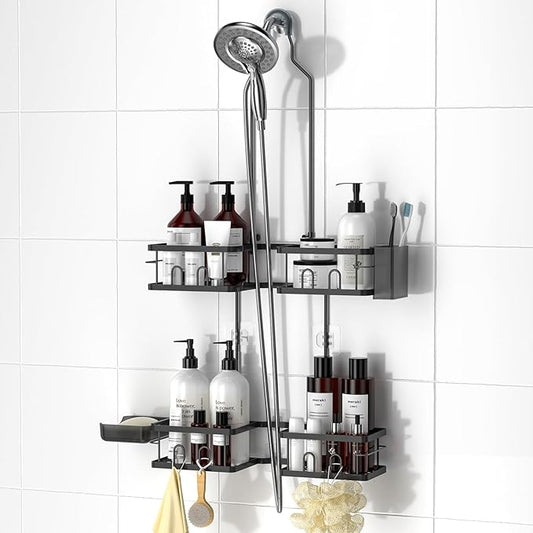 REINHARDT Adjustable Shower Caddy Hanging for Handheld Showerheads, Black | Patented Shower Organizer, Rustproof, 40lbs Capacity, Anti-Swing, Tool-Free, Suction Cups, 8 Hooks, Soap & Toothbrush Holder
