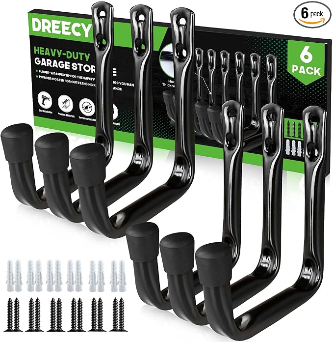 Dreecy J Utility Hooks for Hanging Heavy Duty Garage Storage Utility Hooks for Garage Wall, Color Black, 6 Pack