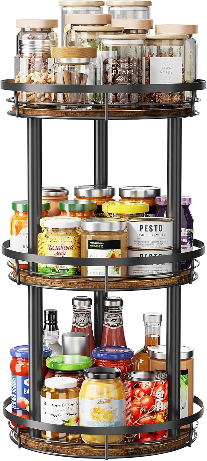 LAMU 10'' Wood Lazy Susan Spice Rack Organizer, 3 Tier Spice Organization for Cabinet, Countertop, Kitchen, Table Top, Pantry, Condiment and Seasoning Rack Organizer