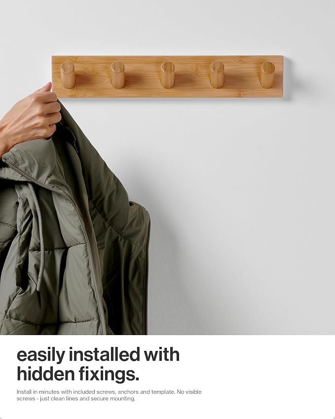 LARHN Wall Mounted Coat Rack with 5 Heavy-Duty 1" Diameter Hooks (2-Pack) | 16.5" - Wooden Wall Hook Rack - Modern Scandinavian Home Decor