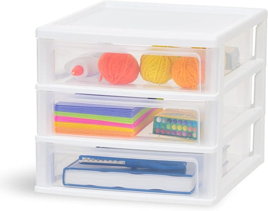 IRIS USA 3-Drawer Medium Stacking Desktop Organizer, White | Organize office supplies, stationery, makeup, craft materials and everyday essentials for neat desktop storage