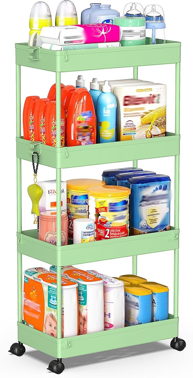 SPACEKEEPER 4 Tier Rolling Cart, Bathroom Cart Organizer with Wheels, Green | Mobile Storage Cart for Laundry Room Organization,Kitchen,Office,Bathroom, Utility Cart for Snack,Craft,Art,Makeup,Nail,Toys