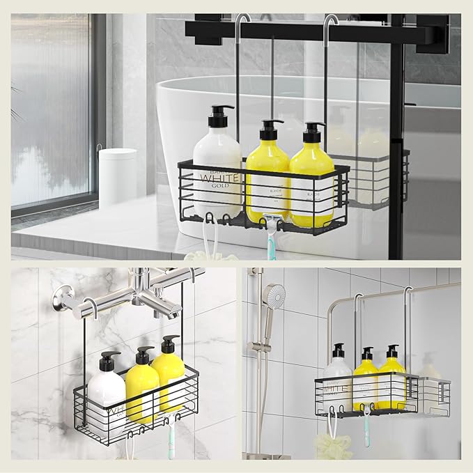 DELLAN Hanging Shower Rack, Shower Organizer Hanging for Bathroom, Black | Shower Rack with Hooks Over the Door, Bathroom Shower Caddy and Basket