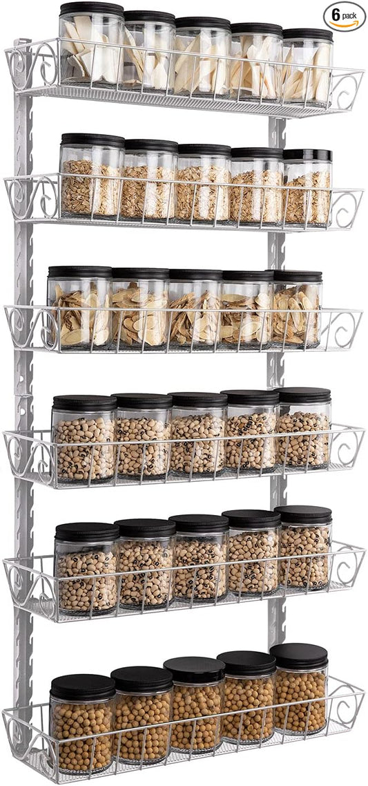 SWOMMOLY Wall Mount Spice Rack Organizer, 6-Tier Adjustable Dual-Use Shelf | Hanging Spice Rack Organizer, Kitchen Pantry Cabinet Storage Holder for Spices, Mason Jars, Bottles & Cans, Silver
