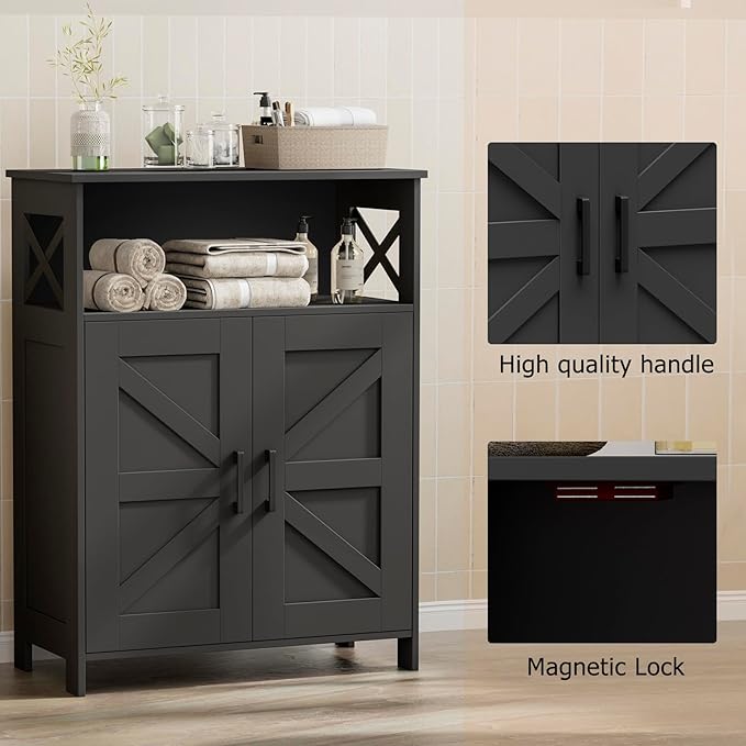 Homhedy Farmhouse Bathroom Storage Cabinet with Doors, Small Floor Cabinet | Toilet Paper Cabinet with Adjustable Shelf, Freestanding Storage Cabinet for Kitchen/Laundry/Living Room, 24"W, Black