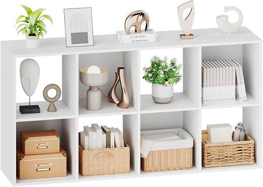 Sweetcrispy 8 Cube Storage Organizer, Stackable Modular Bookcase Shelf | Vertical or Horizontal Use, Fits 11×11" Bins, Removable Back Panels, for Living Room, Office, Entrance White Wood