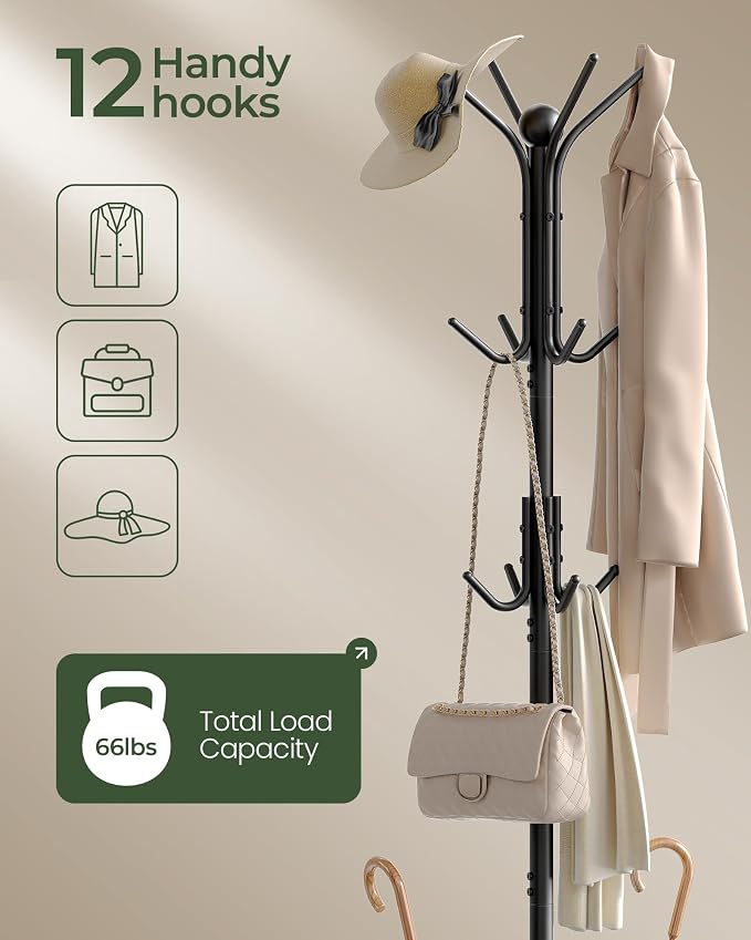 CHOEZON Coat Rack Freestanding, Coat Rack with Umbrella Holder, Entryway Hanger Stand with12 Hooks, Metal Hall Tree for Bags, Coats, Hats, Entryway, Hallway, Living Room, Bedroom, Office Black TYM01BB
