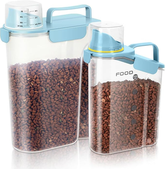 LEAWALK Dog Food Storage Container, Upgraded Large Nozzle BPA-free, 3+5 LBS Plastic Pet Food Storage Containers, With 4 Sealed Clasps, 1 Measuring Cup and Handle (Bright blue)