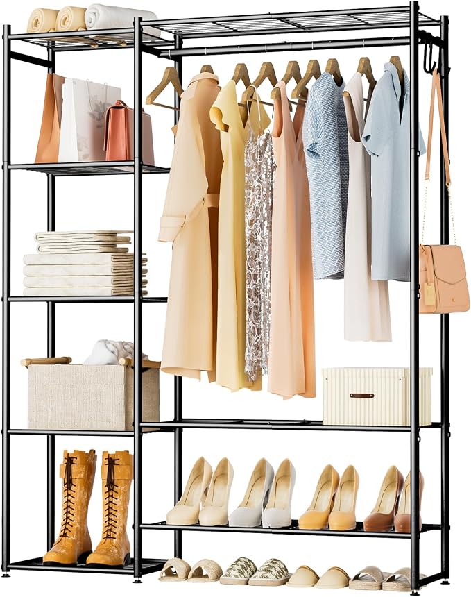 Closet Wardrobe, Closet Organizers and Storage System, Metal Clothes Rack | All in one, With 4 Tiers Shelves, Portable & Free Standing, for Hanging Clothes, for Cloakroom Bedroom
