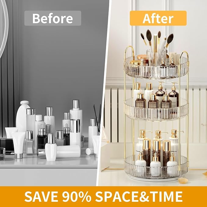 360° Rotating Makeup Organizer, Large-Capacity Skincare Make Up Storage 3 Tier Perfume Organizers Cosmetic Dresser Organizer with Makeup Brush Holder, Fits Bedroom, Bathroom, Vanity Shelf Countertop