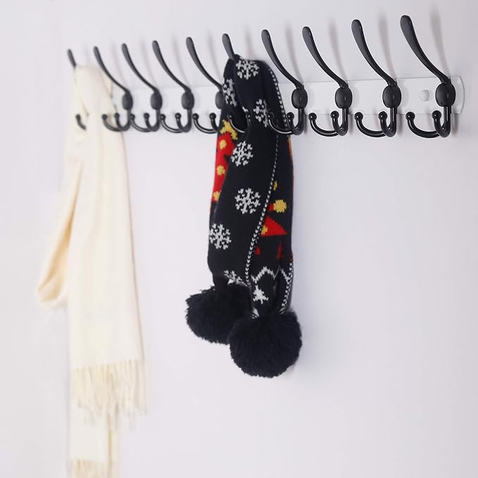 Dseap Coat Rack Wall Mount - 38” Long 10-Tri-Hooks Heavy Duty Coat Hanger Rail Wall Hooks for Hanging Coats Hats Clothing Clothes Purse Mudroom Entryway, White/Black, Pack of 2