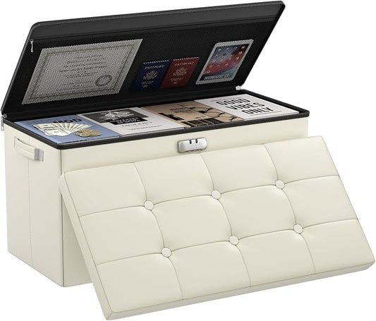 DocSafe Storage Ottoman Bench with Lock,Fireproof 30 Inches Folding Bench Foot Rest Stool Storage Chest Safe for Living Room,Bedroom,Home Office,Waterproof Leather Ottoman with Handles,Beige