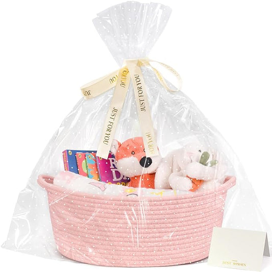 CHICVITA Gift Basket Empty with Bags & Ribbon for Baby Shower, Pink | 12"x 8"x 5" Woven Gift Basket Empty to Fill for Girl Birthday, Rope Baskets for Organizing, Decorative Basket