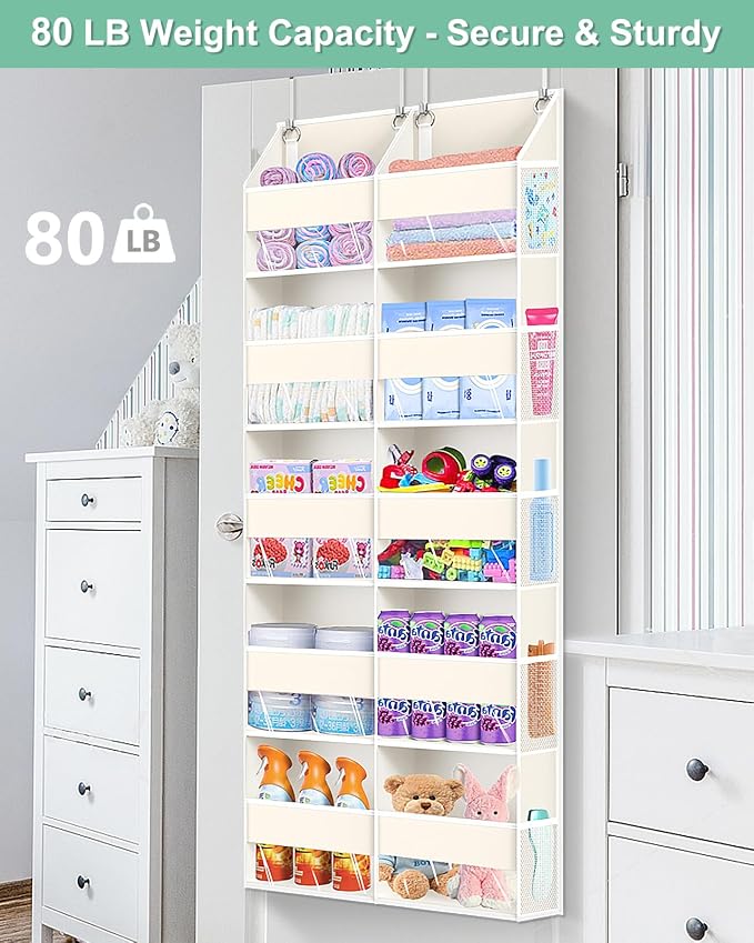 UVIAHOMI Heavy Duty Over The Door Organizer 5 Tiers, Extra Large Behind Door Storage of 10 Big Front & 10 Mesh Pockets, 80lb Weight Capacity, Hanging Doors Storage for Closet Bedroom Nursery, Beige