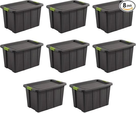 Sterilite Latching Tuff1 Tote Containers w/Lids, 30 Gallon, 8-Pack | Flat Gray, Large Plastic Storage Bins - Heavy-Duty Stackable Organizer Boxes for Home, Office, Basement, Closet, & Garage