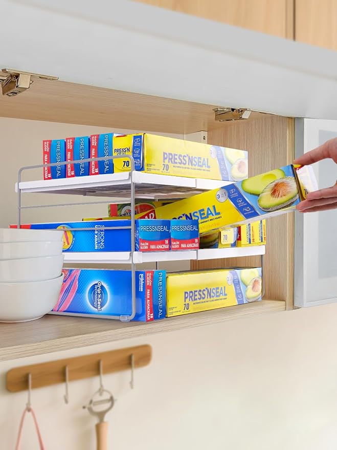 Cirhy Expandable Foil and Plastic Wrap Organizer, 3-Tier, 9.8-15.6 in | Adjustable Pantry Organizers and Storage, for Tin Foil, Ziplock Box & Saran Wrap, Cabinet or Countertop Organization