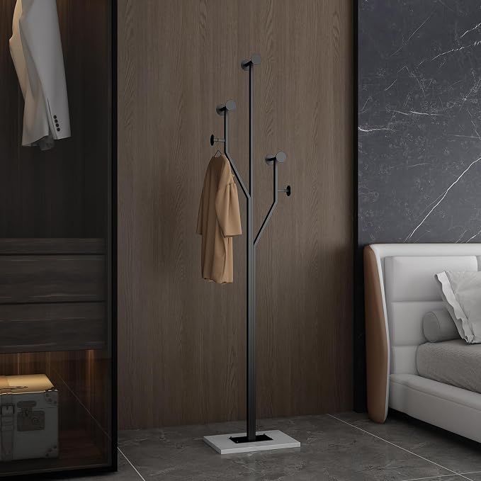 JIAYUEJU Freestanding Coat Rack Coat tree for Entryway Bedroom (Black) | Tree-shaped, Easy Assembly, Space Saver, Heavy Duty, Metal Frame, Marble Base, 8 Hooks, Living Room, Office, Corner