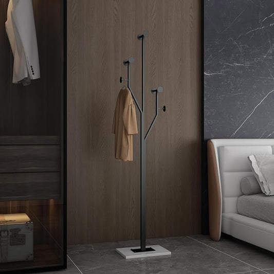JIAYUEJU Freestanding Coat Rack Coat tree for Entryway Bedroom (Black) | Tree-shaped, Easy Assembly, Space Saver, Heavy Duty, Metal Frame, Marble Base, 8 Hooks, Living Room, Office, Corner
