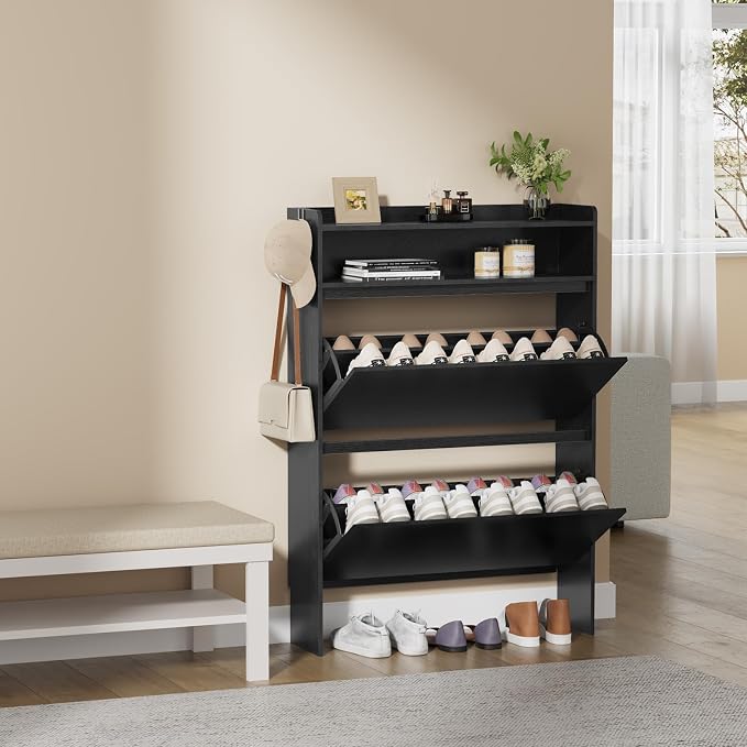 Modern Shoe Cabinet with 2 Flip Drawers & Open Storage, 31.5" W Black | Freestanding shoe cabinet with flip drawers ,design and space-saving storage for entryway,foyer & hallway.