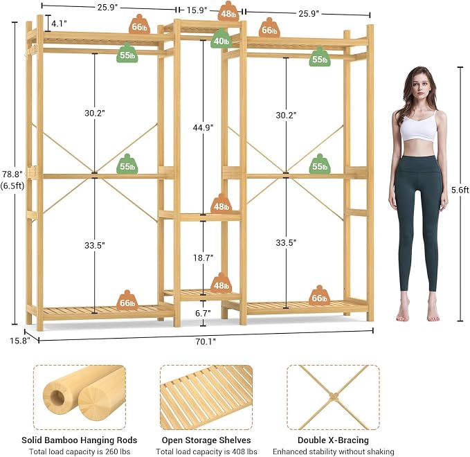 Bamboo Closet System Clothes Rack, Large Freestanding Garment Rack Clothing Rack for Hanging Clothes with 7 Storage Shelves and 5 Rods, Open Wardrobe Organizer with 4 Hooks, Natural