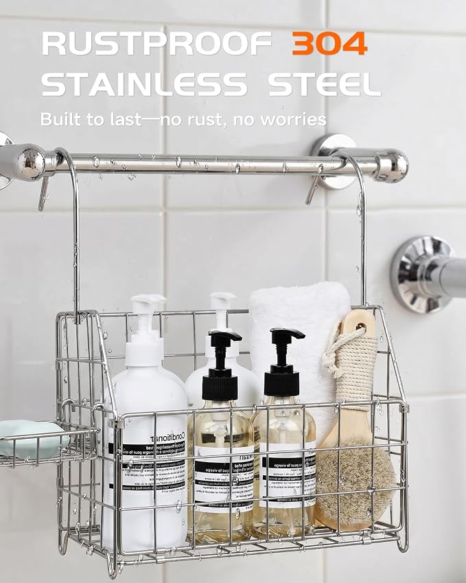 Large Rustproof Shower Caddy Hanging, 304 Stainless Steel Hanging Shower Organizer Basket for Bathroom & Bathtub, Over the Rod Shower Rack for Shampoo, Conditioner, Soap & Bath Accessories(Silver)