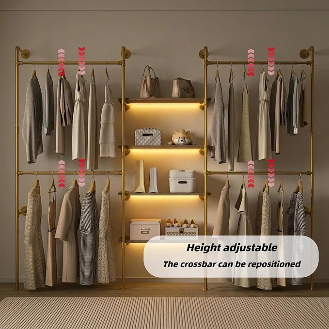 Industrial Pipe Clothing Rack with LED Lights& Shelves,Gold | Heavy Duty Adjustable Garment Hanger with Shelves, 2 Installation Methods Closet Storage System for Wardrobe Organization