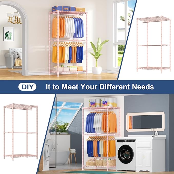 E12 Pro Clothes Rack，Heavy Duty Freestanding Garment Rack with Shelves，Metal Clothing Closet Storage System for Hanging Clothes，71" W x 16" D x 76.5" H, Hold 960 lbs，Pink