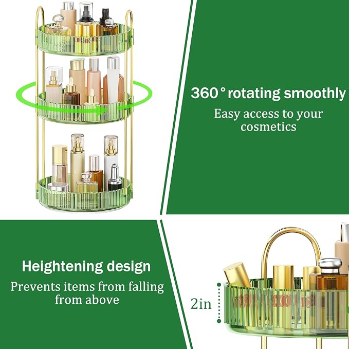 MOKANI 360 Rotating Makeup Organizer for Vanity, 3 Tier Perfume Organizer | Adjustable Multi-Function Spinning Cosmetics Skincare Storage for Bedroom, Dresser, Countertop, Green