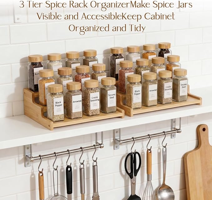 Organizer of Cabinet Special Seasoning, 12in Bamboo 3 Tiered Spice Rack，Used for Kitchen Countertops and Food Storage Room Organizer，Specially Designed for Jars and Spice Bottles (Bamboo, M)