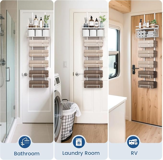 Aetyord Towel Racks for Bathroom Over The Door Towel Racks Towel Storage Organizer with Metal Shelf Basket for Bathroom Rv Camper (7-Tier White)