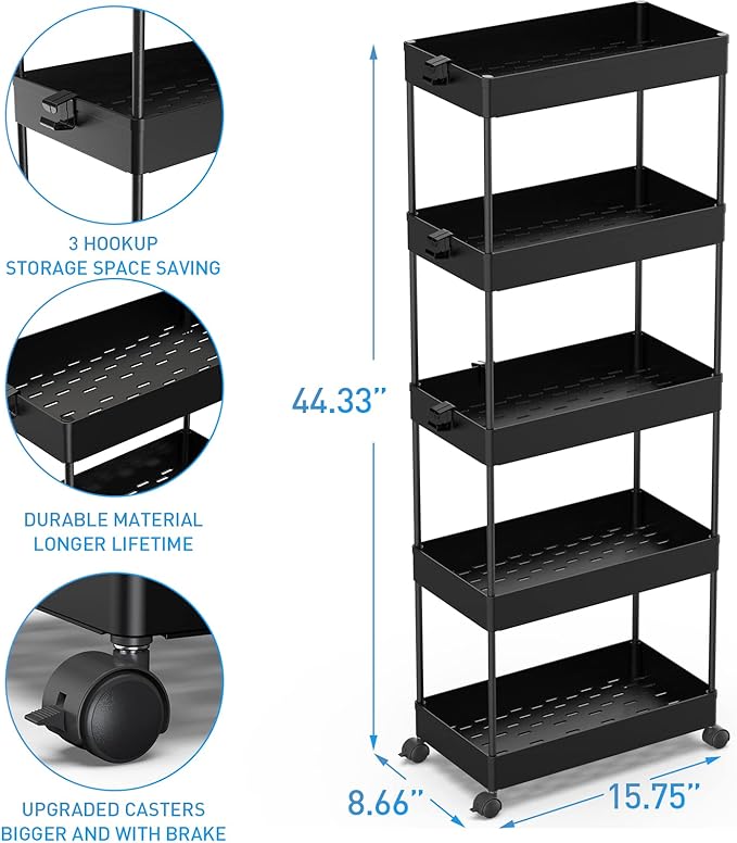 SPACEKEEPER 5 Tier Storage Rolling Cart, Bathroom Cart with Wheels, Black | Mobile Storage Cart for Laundry Room Organization,Kitchen,Office,Bathroom, Utility Cart for Snack,Craft,Art,Makeup,Nail,Toys