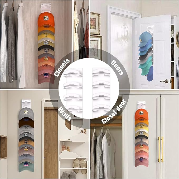 Hat Organizer for Baseball Caps 4Pack, Hat Rack for Wall with Strong Adhesive Hold up to 40 Hats, Hat Hanger Holder Display for Door Closet, Cap Organizer Storage Multilayer Two Mounting Option(White)