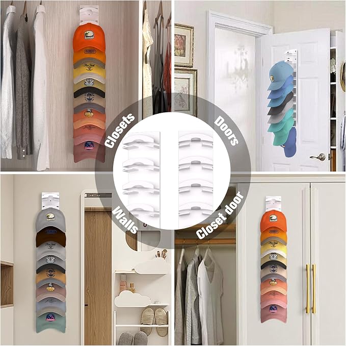 Hat Organizer for Baseball Caps 2Pack, Hat Rack for Wall with Strong Adhesive Hold up to 20 Hats, Hat Hanger Holder Display for Door Closet, Cap Organizer Storage Multilayer Two Mounting Option(White)