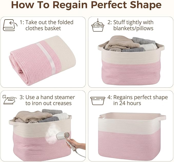 OIASKET 108L Cotton Rope Storage Basket for Living Room and Bedroom 25"x16"x16" Woven Laundry Basket, Heavy Duty Bin for Blankets, Pillows & Toys, Pet-Safe & Scratch-Free, Pink and White