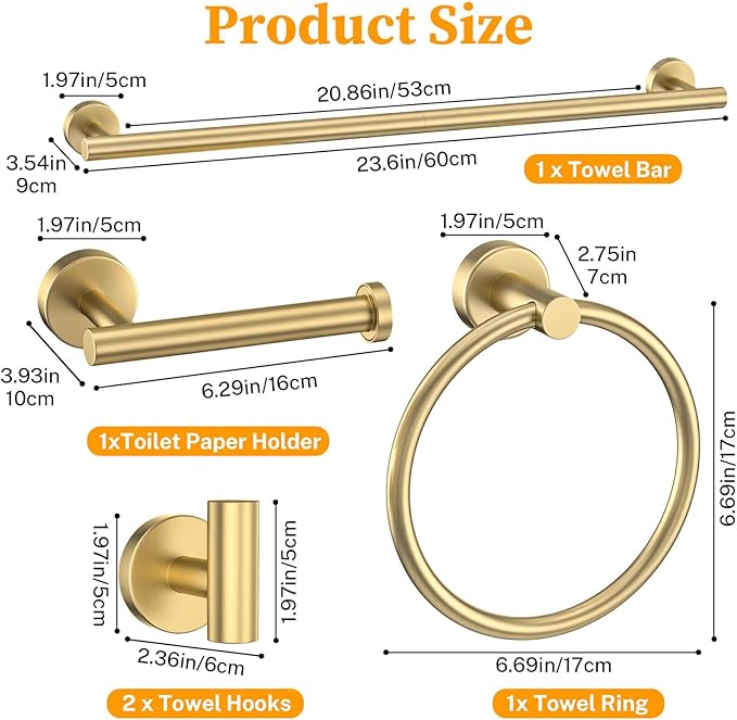 Brushed Gold Towel Bar Set 10 Pieces Round Bathroom Hardware Set Includes 23.6in Towel Bar Towel Ring Toilet Paper Holder Towel Hooks Stainless Steel Wall-Mounted Bathroom Towel Holder Set