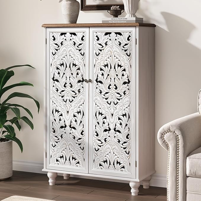 JOINICE 47" Tall Accent Cabinet with Carved Doors & Storage for Living Room | Vertical Storage, Carved Floral Design, Mandala White Buffet, Boho/Farmhouse/Rustic Style, Adjustable Shelves, Easy Assembly