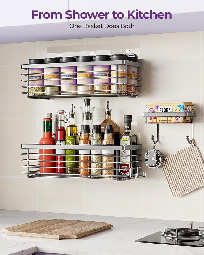 Shower Caddy Adhesive 3 Pack Stainless Steel Storage Organizers-Grey | No drilling wall mounted,rust-resistant,large capacity,quick drainage,easy to clean,suitable for bathrooms and kitchens