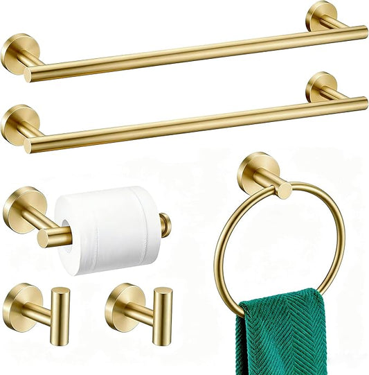 6 Pieces Brushed Gold Bathroom Hardware Accessories Set, SUS304 Stainless Steel 24 Inch Bath Towel Bar Set, Round Bathroom Towel Holder Set, Towel Racks for Bathroom Wall Mounted