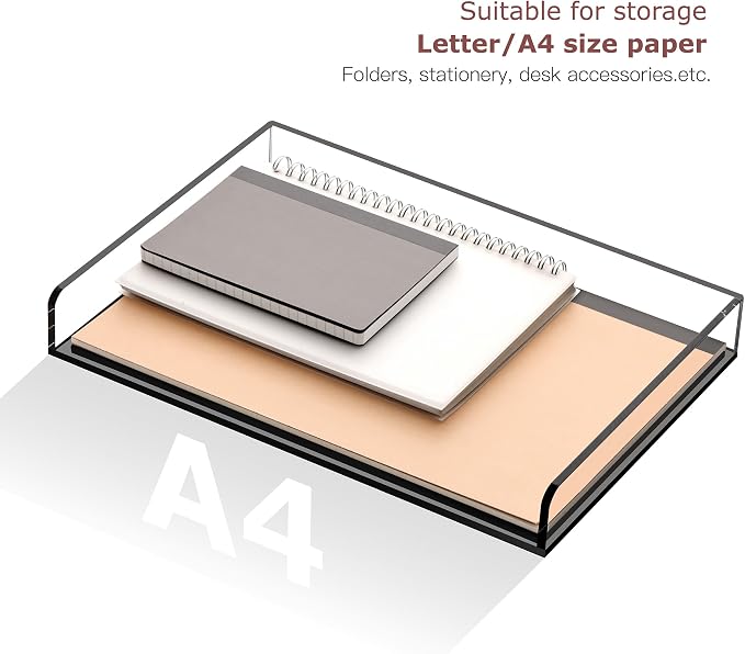 2 Pack Black Stackable Paper Letter Tray, A4 File Tray Desk Organizer, Acrylic Desk Organizers and Accessories Sorter, Clear Workspace Office Supplies Organizers, 12.4inx8.86inx3.46in