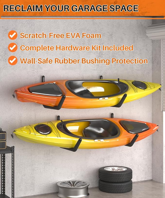 Heavy Duty Kayak Storage Rack with EVA Foam & Rubber Bushing, Wall Mount Kayak Hangers Large Hooks for Garage Hanger Canoe, Surfboard, Skiboard, Snowboard, Paddle Board, Ladders, Bike