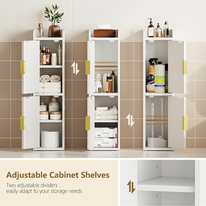 Yoobure Small Bathroom Storage Cabinet - Corner Floor Cabinet with 2 Doors & Adjustable Shelves, Narrow Slim Toilet Paper Cabinets, Skinny Bathroom Organizer for Small Space, 7.9" D x 7.9" W, White